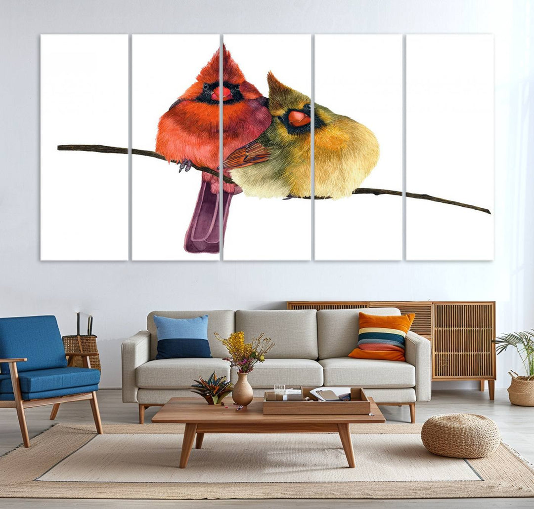 The Cardinal Bird Canvas Wall Art showcases vibrant male and female cardinals, capturing the beauty of nature in vivid detail.