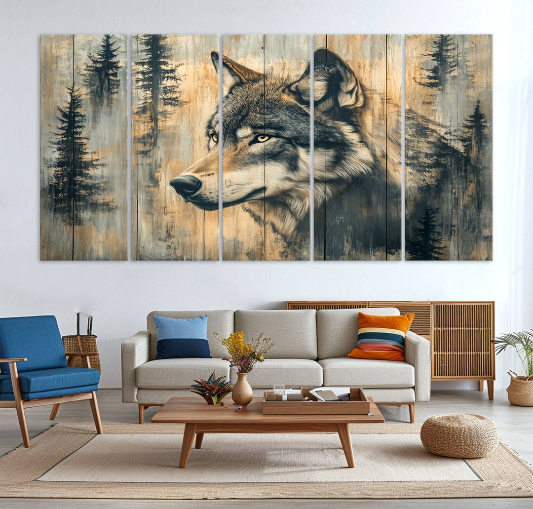 A Wood Style Rustic Wolf Wall Art Canvas Print adorns the kitchen.