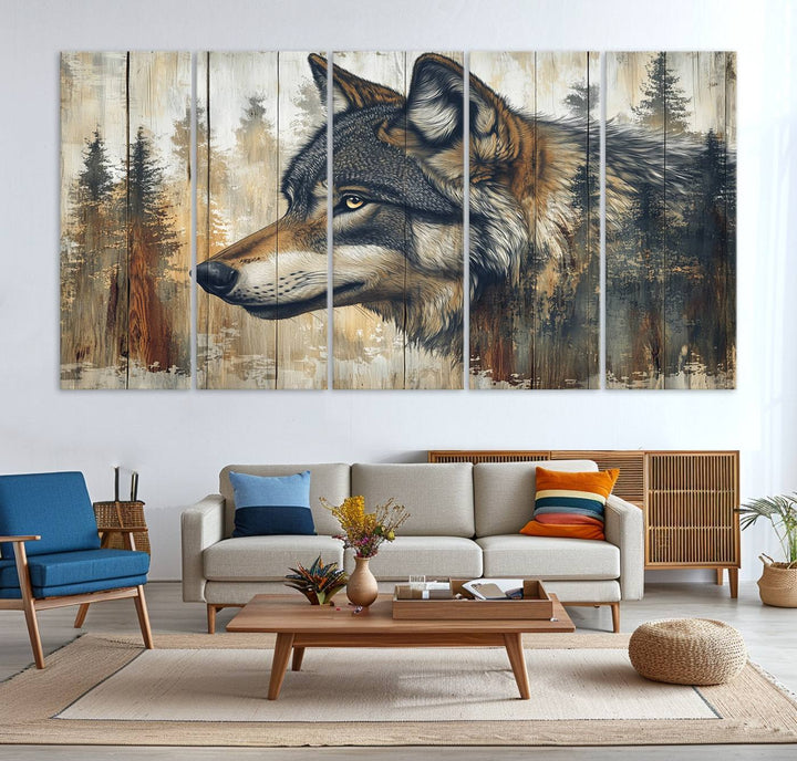 A kitchen dining area features Rustic Wolf Wall Art.