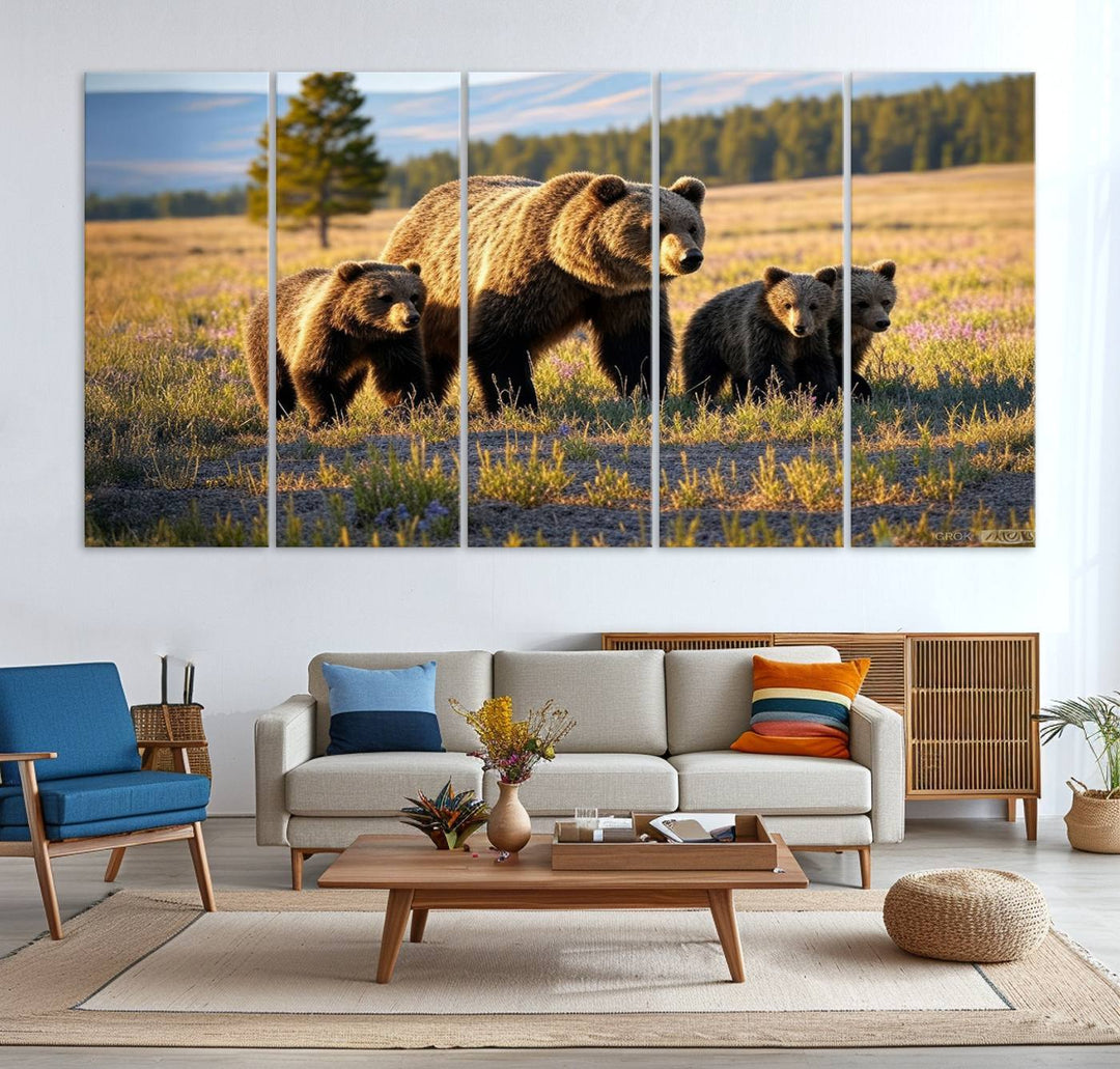 The dining room showcases the Grizzly 399 in Wild Flowers wall art.