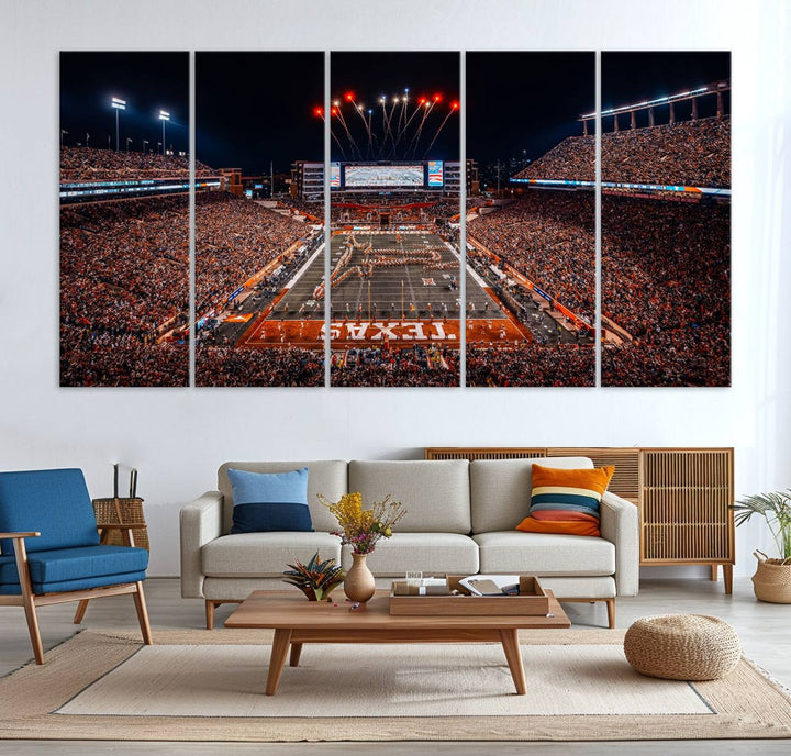 A Texas Memorial Stadium canvas print with fireworks embellishes the modern living room.