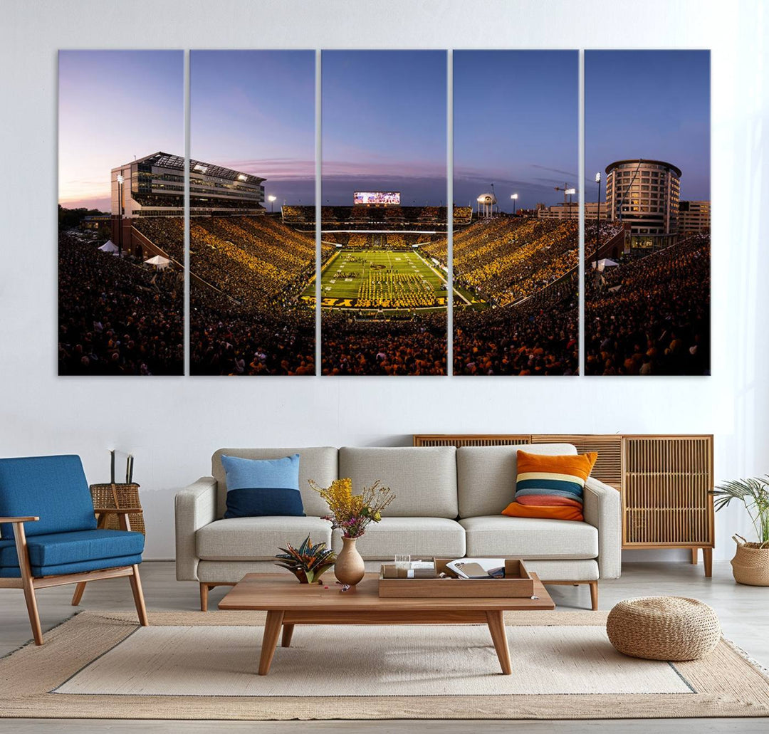 The Iowa Hawkeyes Kinnick Stadium Wall Art Canvas Print captures a sunset scene, making it perfect for display on a wall.