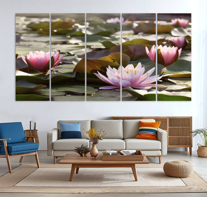 The dining room features the Water Lily Large Canvas Print.