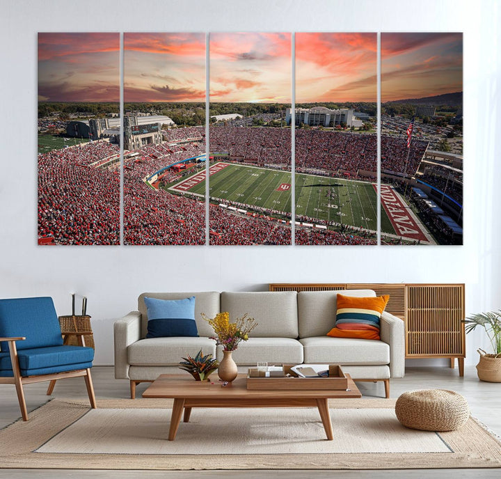 Gallery-quality Indiana Memorial Stadium Wall Art Canvas: A stunning view of the stadium at sunset.