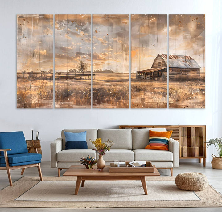 Rustic Farmhouse Wall Art Canvas depicting a barn under a cloudy sky.