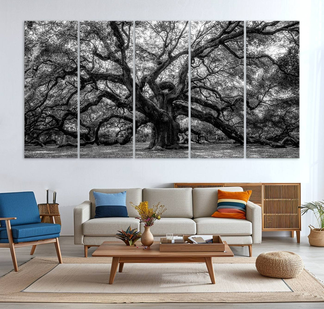 The Black and White Old Angel Oak Tree Canvas Print enhances the modern dining room.