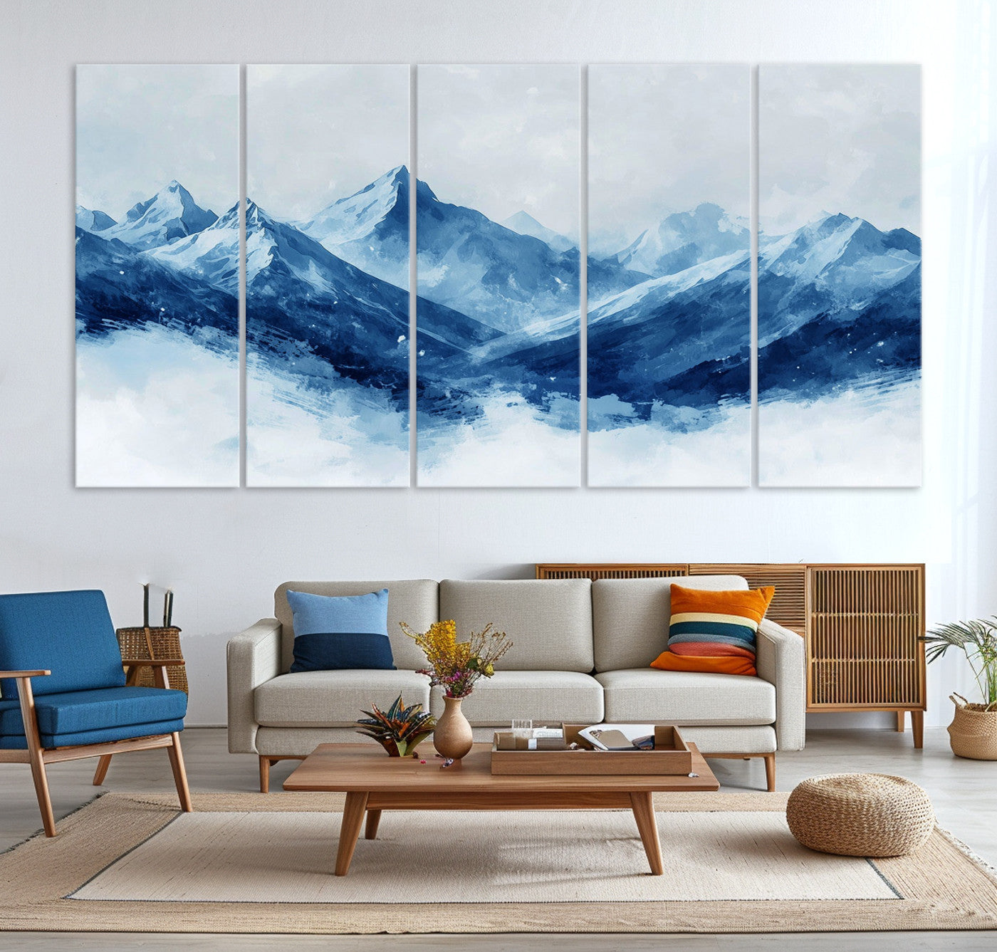 Peaceful watercolor-style painting of snowy blue mountains in soft tones, perfect for winter-themed or minimalist wall decor.