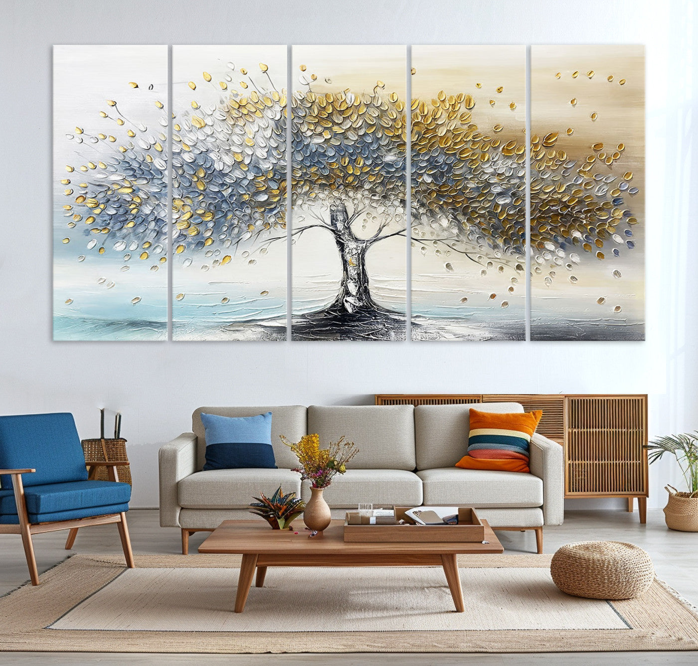 Canvas of a silver and gold textured tree with a soft neutral background, ideal for elegant and minimalist home decor styles.