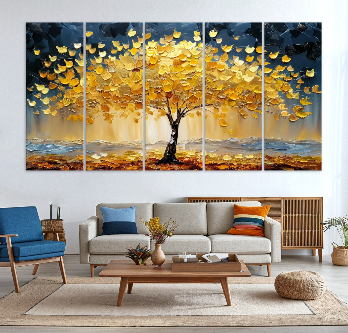 Canvas of a golden autumn tree with textured brushstrokes and moody blue skies, perfect for dramatic and vibrant home decor.