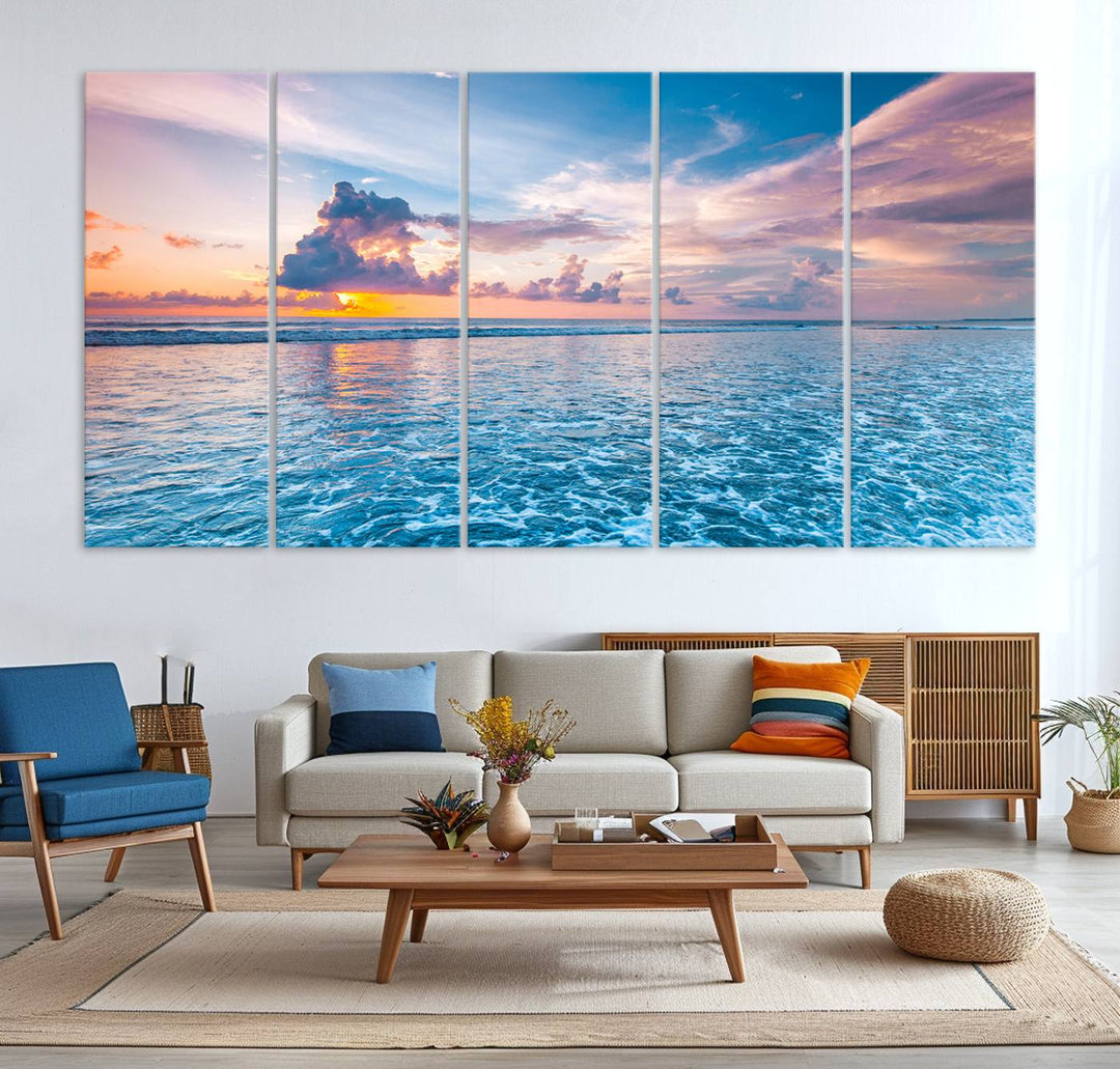 An Ocean Sunset Canvas Wall Art depicting a vibrant sky and rolling waves.