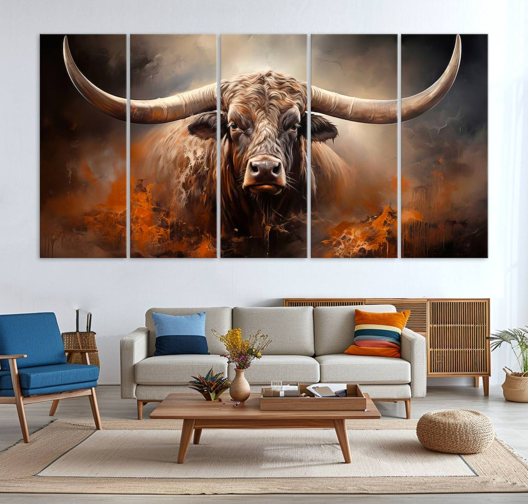 A Highland Bull with striking horns is depicted in a fiery abstract style on a ready-to-hang wall art canvas, evoking strength.