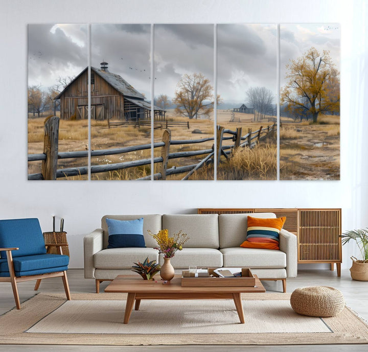 Rustic Autumn Farmhouse Wall Art – Weathered Barn & Trees Canvas Print, featuring a serene scene with birds in the sky. This piece is ready to hang.