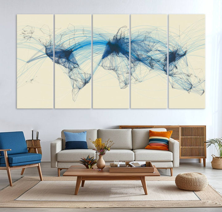 Flight Routes Map: Air Traffic Avi World Map featuring blue lines symbolizing global data. Ideal for home decor and ready to hang.