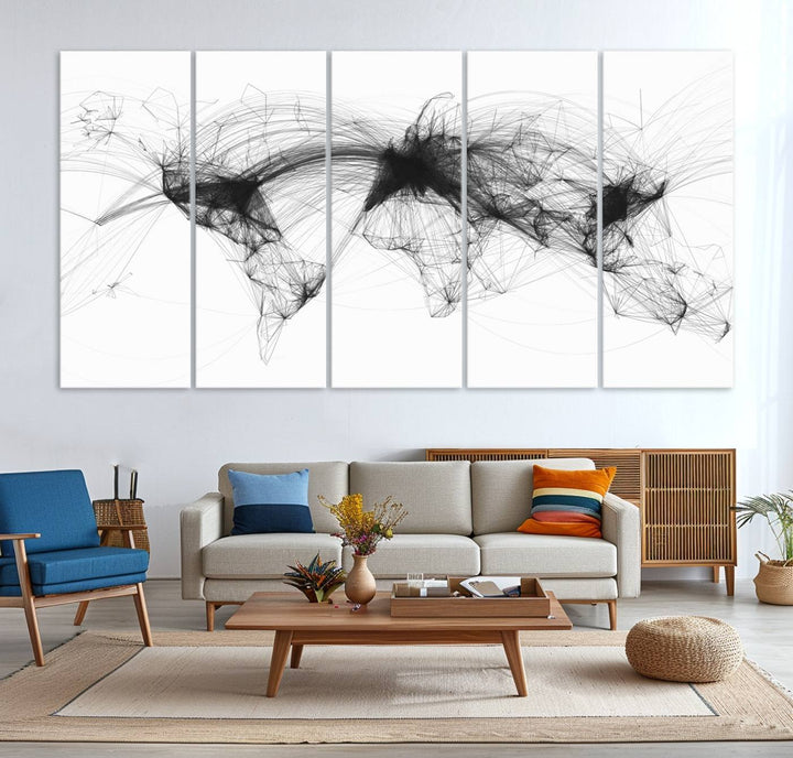 The Flight Routes Air Traffic canvas wall art, framed and ready to hang, is perfect for aviation enthusiasts.