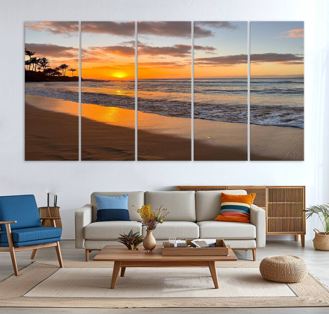 Sunset Wall Art Print featuring a beach sunset with waves and palms, perfect for coastal decor.