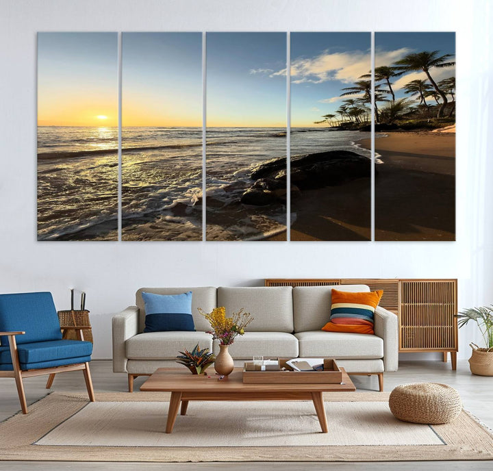 A serene tropical sunset on canvas, featuring palms and waves, serves as perfect Tropical Beach Wall Art for home or office decor.