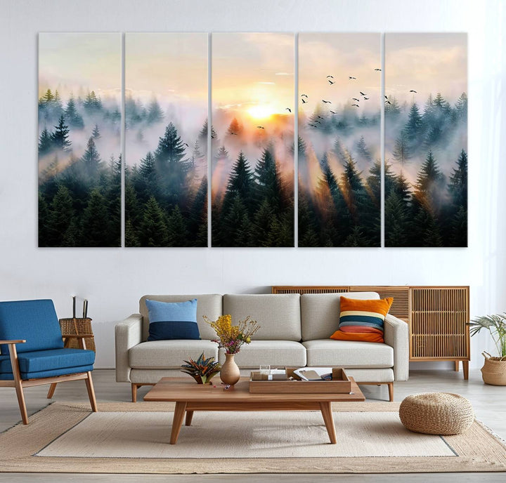 Sunrise over a misty forest with rays filtering through trees in the Abstract Forest Wall Art featuring soaring birds.