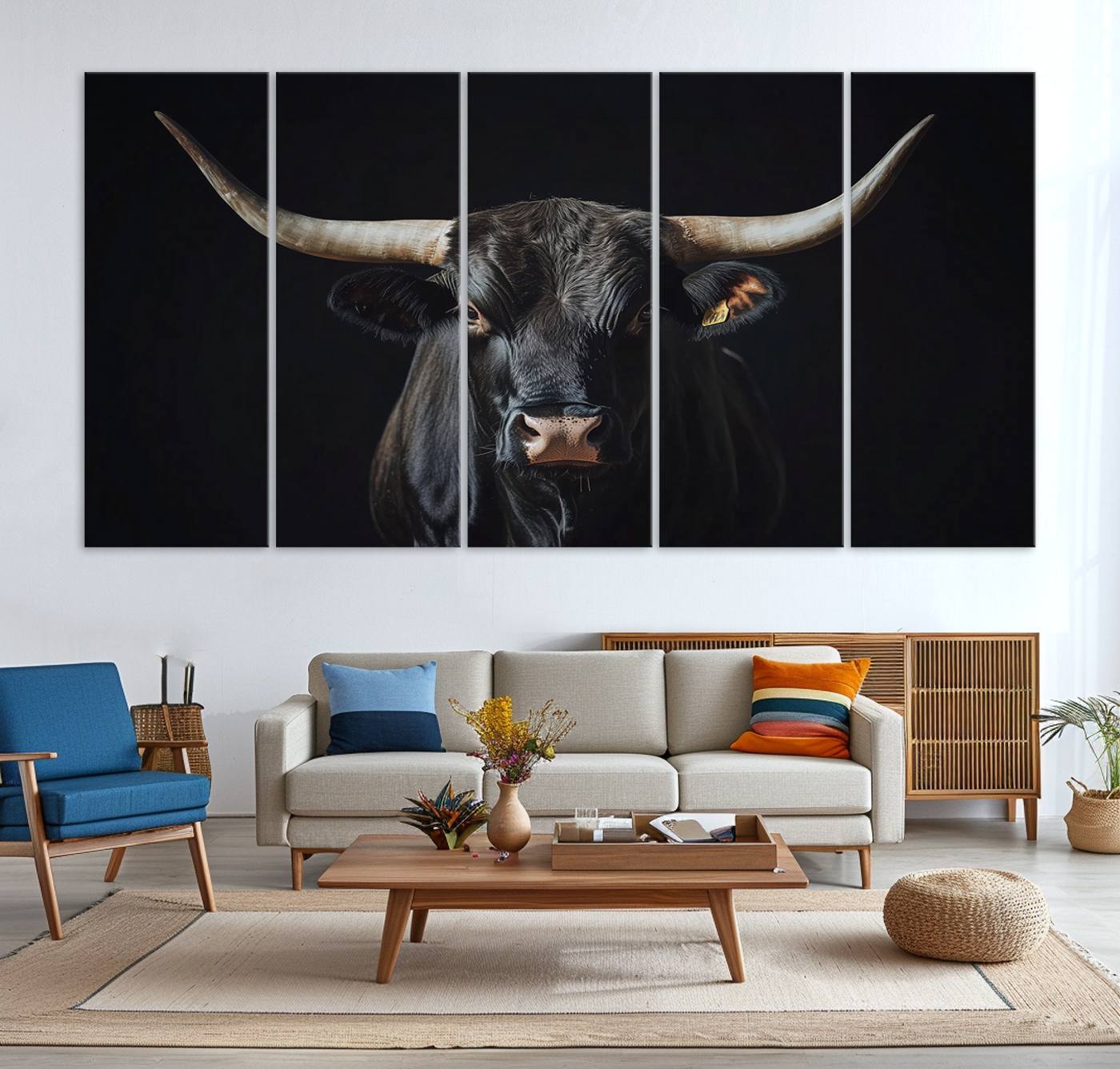 Canvas of a black longhorn bull against a dark background, featuring moody tones and western character for rustic or cowboy-inspired spaces.