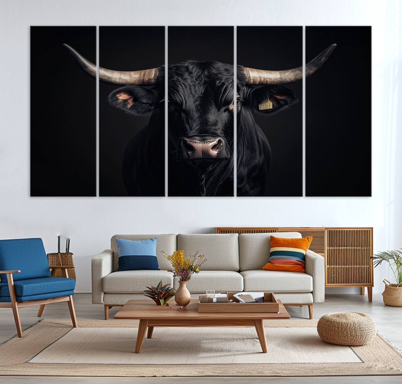 Canvas featuring a black horned bull in moody lighting on a dark background, perfect for western or rustic farmhouse-style home decor.