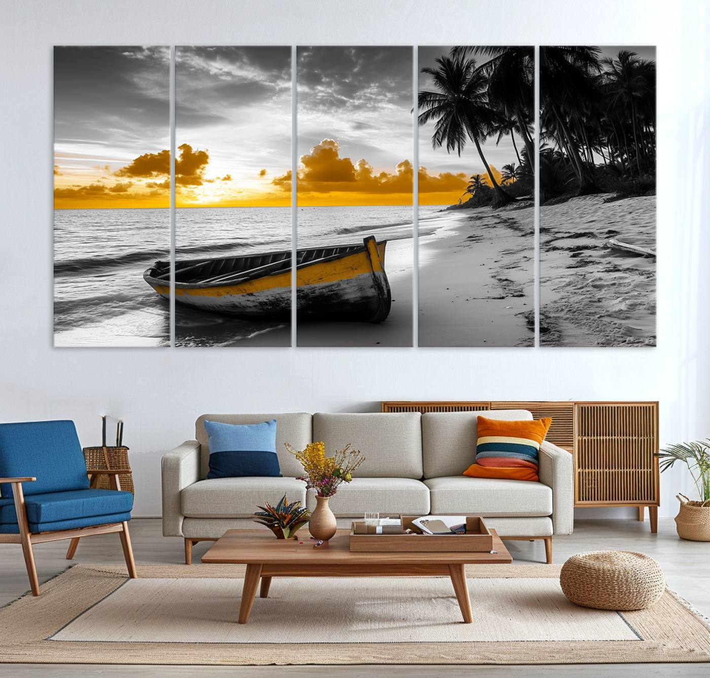 Canvas of a yellow rowboat on a black and white tropical beach with golden sunset sky, ideal for coastal or tropical-themed home decor.