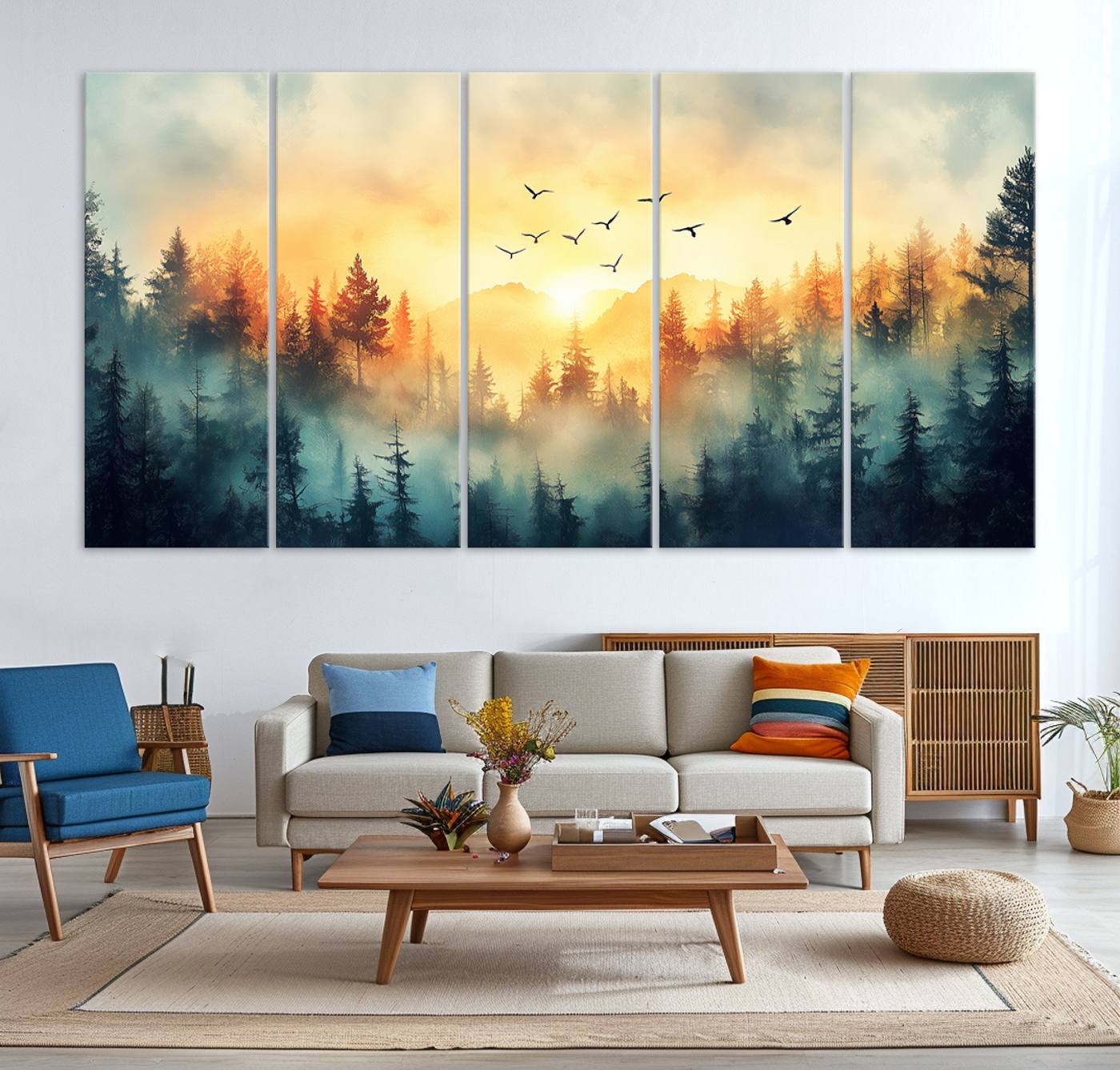 Canvas of a misty pine forest at sunrise with golden light and birds flying across the sky, perfect for tranquil nature-themed wall decor.