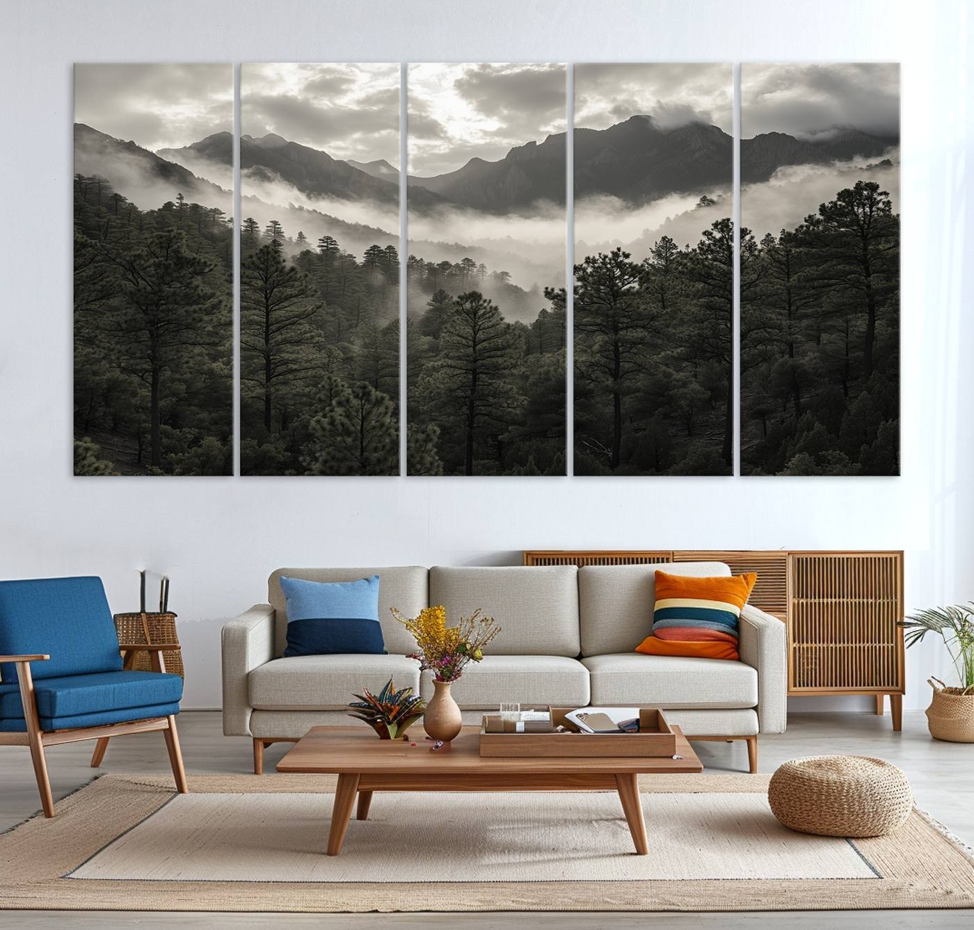 Canvas of moody pine forest and foggy mountain peaks under overcast skies, ideal for calm and rustic woodland-themed home decor.
