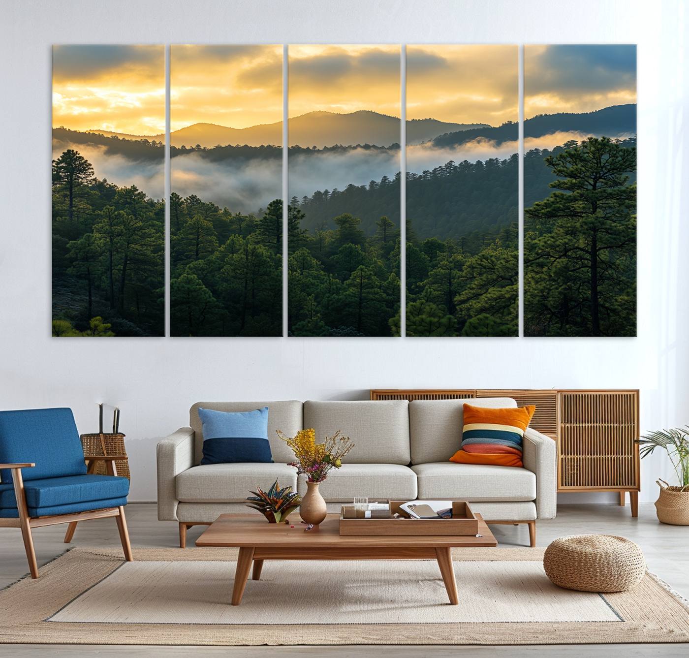 Canvas of misty pine-covered mountains at sunrise, featuring golden light and fog layers, ideal for tranquil earthy home decor.
