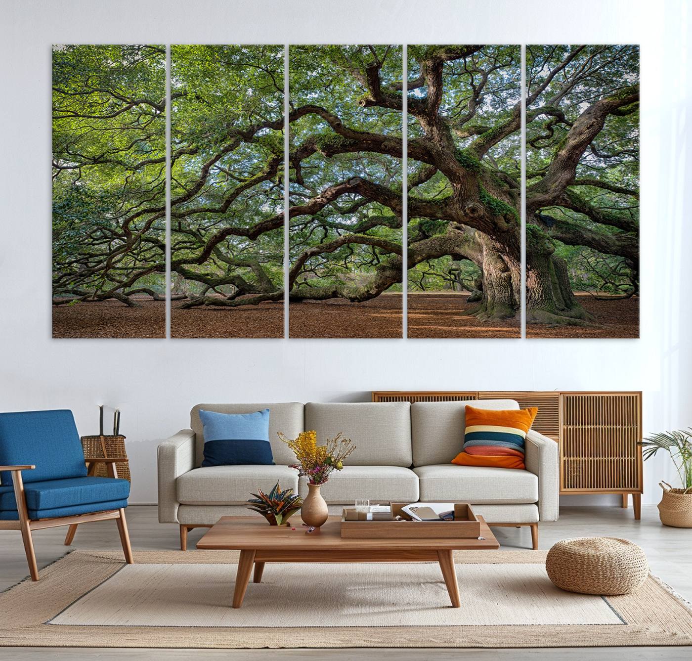 Canvas of the Angel Oak tree with sprawling limbs and mossy bark, ideal for earthy natural or rustic southern-inspired decor.