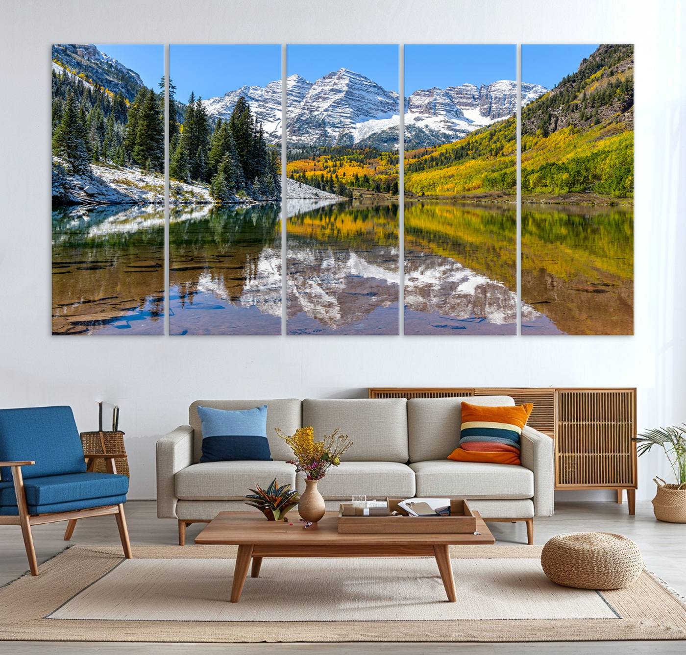 Canvas of Maroon Bells reflected in a clear alpine lake, with golden aspens and snowy peaks, ideal for crisp autumn or mountain-themed decor.