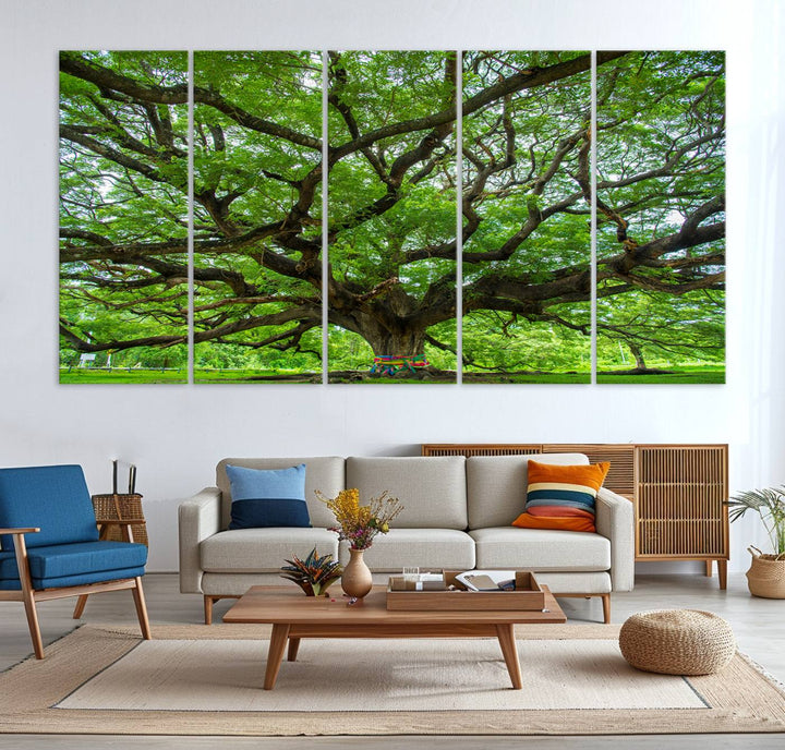 Framed Angel Oak Tree print featuring sprawling branches and ribbons against a clear sky backdrop, ideal for home or office decor.