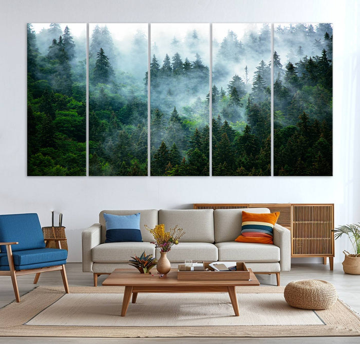Misty Forest Art Wall Art Canvas Print, Foggy Mountain Art Print, Framed Scenic Wall Print Art Print, Large Woodland Canvas Printing Perfect for  Decor