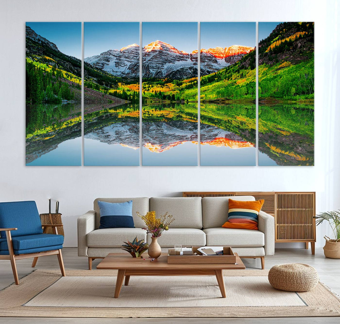 The Sunrise Maroon Bells Lake Wall Art Print beautifully captures North Maroon Peak mirrored in the tranquil lake, framed by lush greenery.