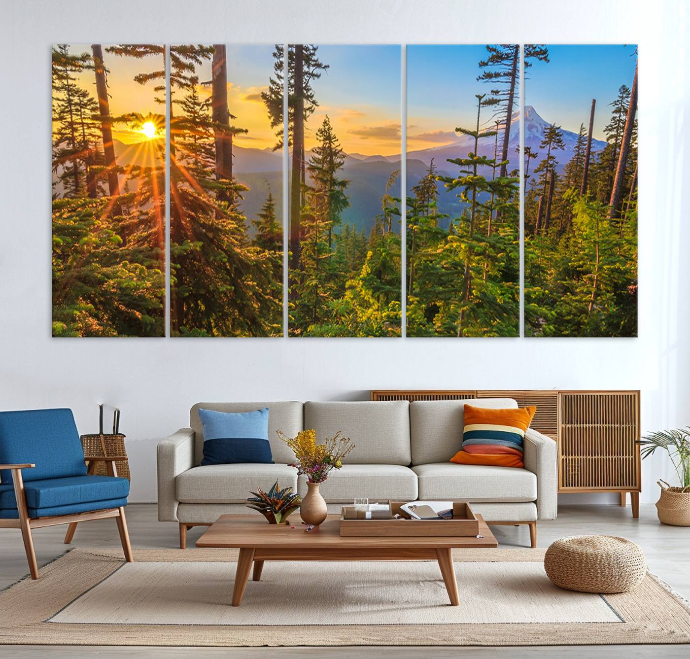 83544043-MGV-CV-36X24-Forest Sunset Wall Art Canvas Print – Green Pines Sunset Trees Golden Light Nature Artwork for Home Office
