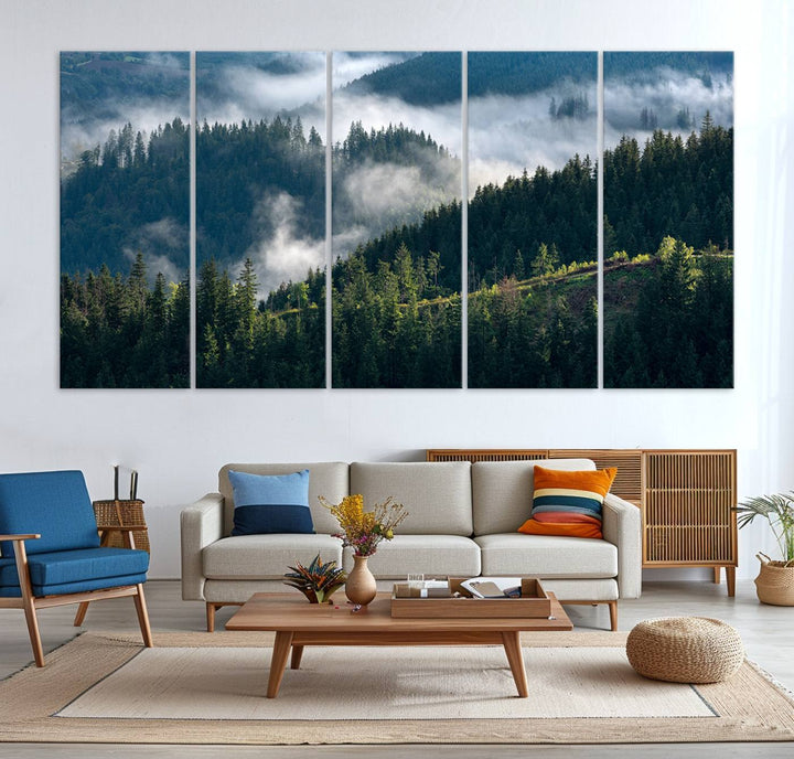 Moody canvas of misty pine forests over layered hills, perfect for cool-toned nature-inspired or woodland-style home decor.