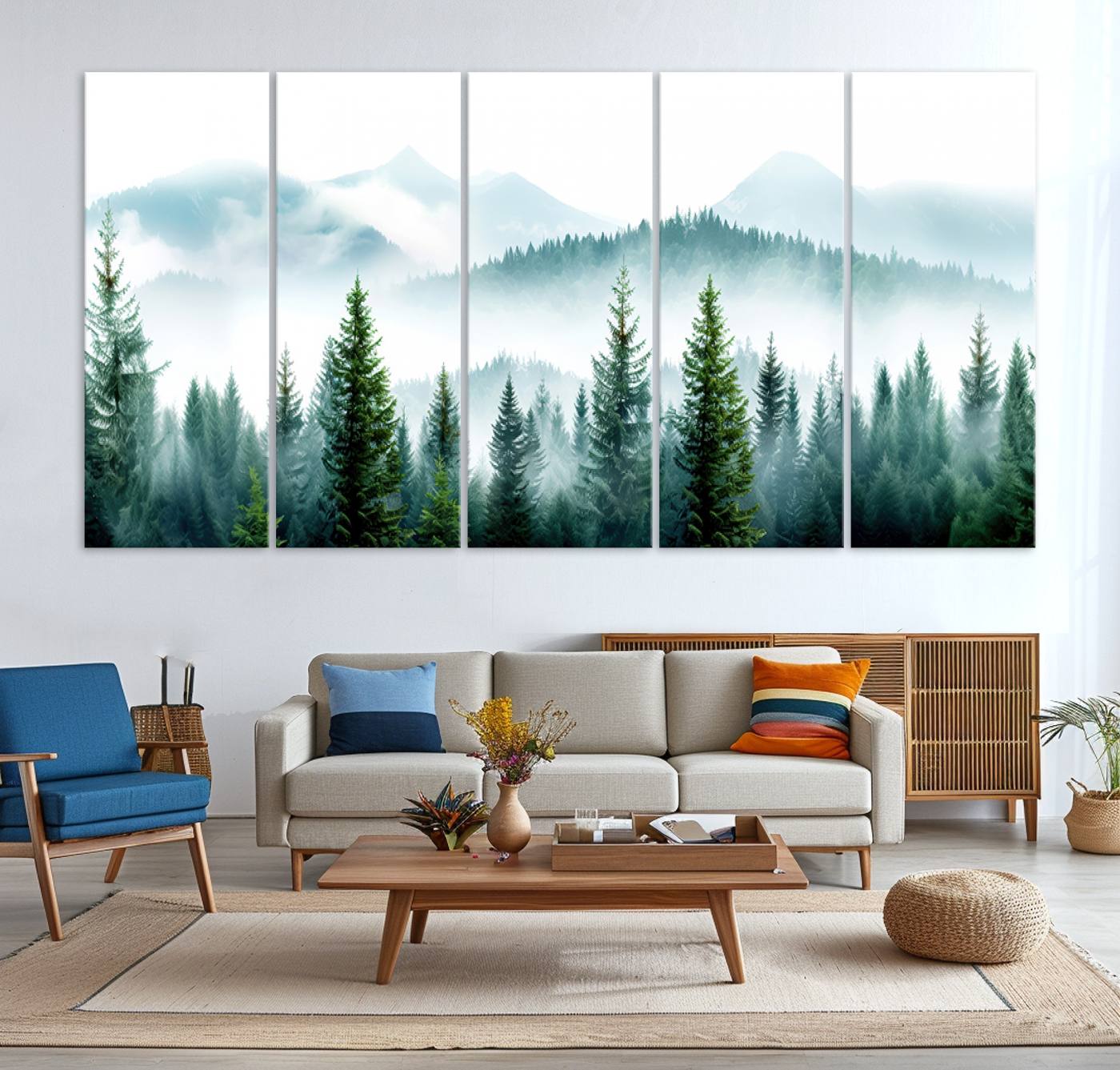 16716676-MGV-CV-36X24-Pine Forest Wall Art Canvas Print – Misty Mountains Foggy Trees Serene Woodland Landscape Artwork for Home Office