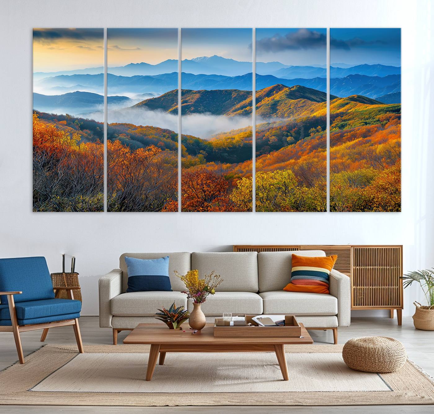 86772247-MGV-CV-36X24-Autumn Mountains Wall Art Canvas Print – Foggy Peaks Colorful Foliage Serene Landscape Nature Artwork for Home Office