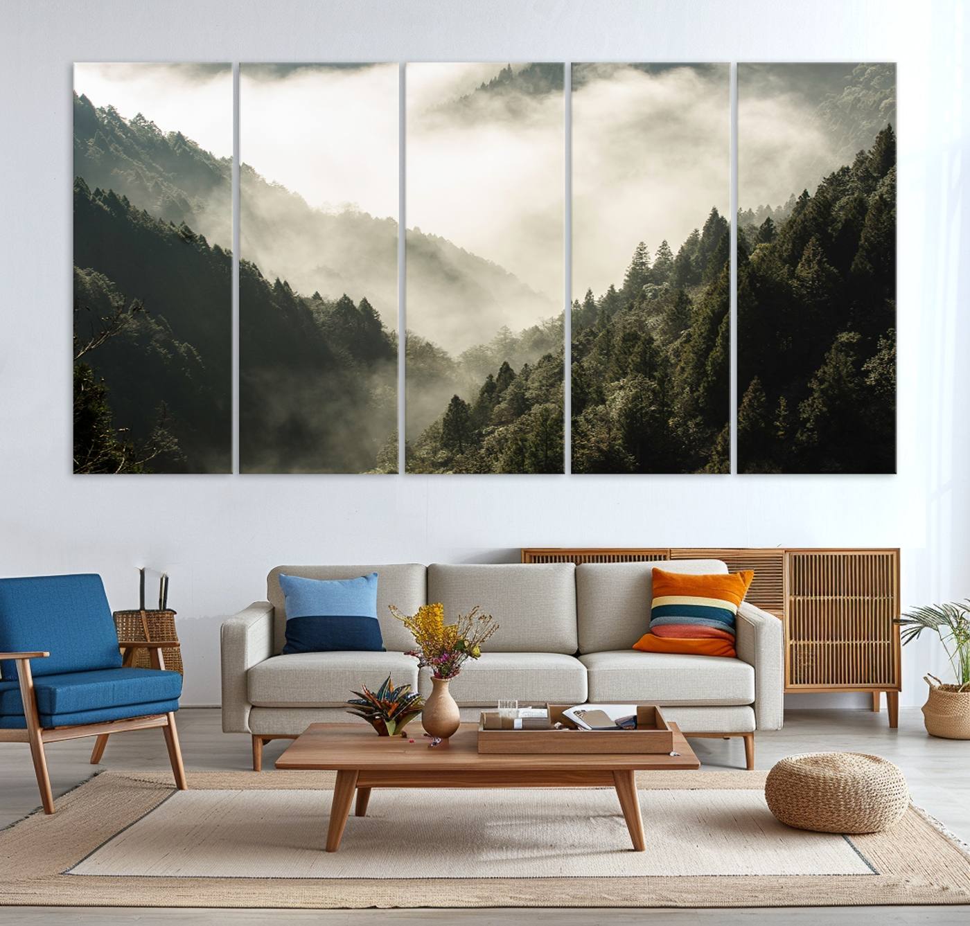 57570237-MGV-CV-36X24-Misty Valley Wall Art Canvas Print – Foggy Forest Pine Trees Serene Woodland Landscape Artwork for Home Office