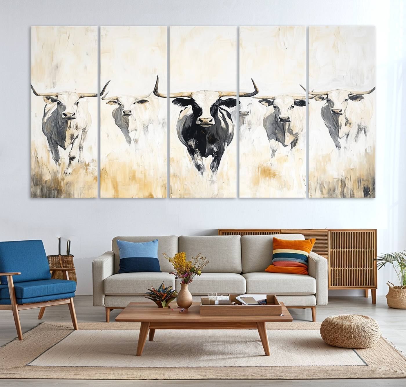 40397799-MGV-CV-36X24-Texas Longhorn Wall Art Canvas Print – Rustic Western Bull Herd Neutral Tones Country Ranch Artwork for Home Office