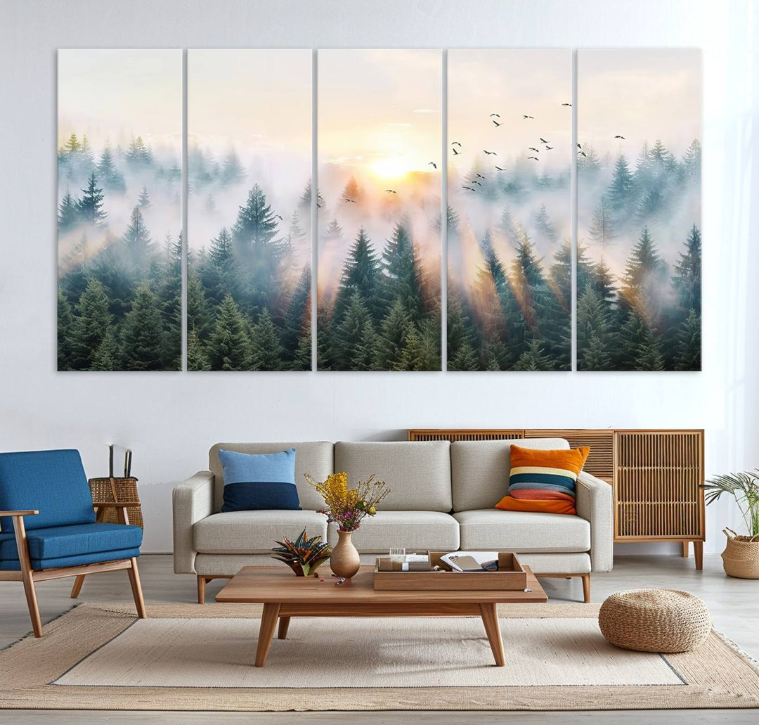 Misty Pine Forest Wall Art: A depiction of sunrise over foggy trees and birds against a bright sky; a framed woodland scene ideal for home or office decor.