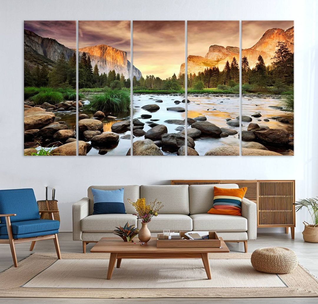 A tranquil riverside sunset mirrors the beauty of a Yosemite wall art masterpiece like the Large El Capitan Print.