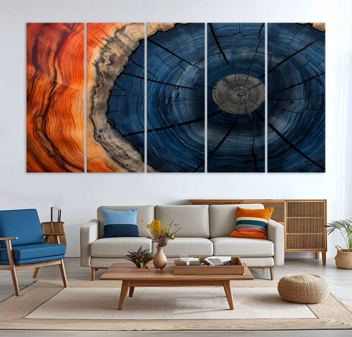 Abstract Tree Rings Canvas Print with vibrant colors—ideal farmhouse wall art for a woodland-themed home.