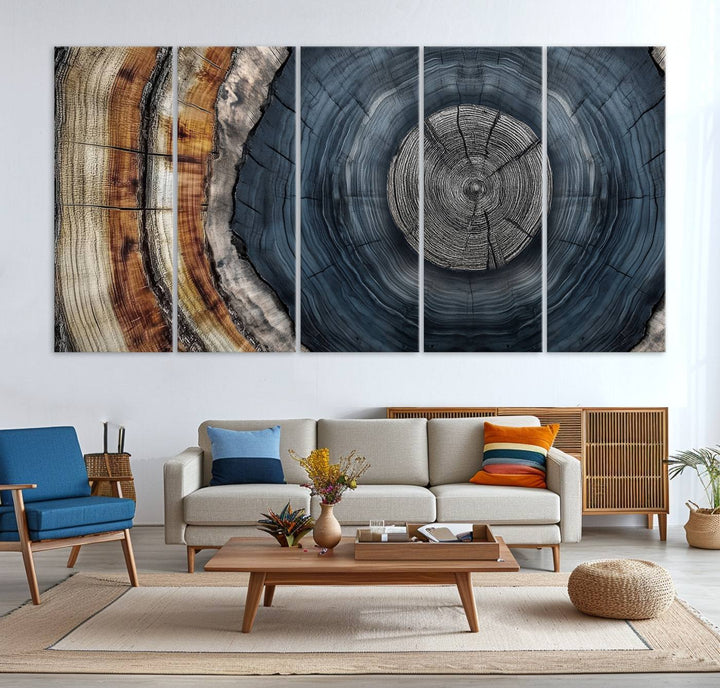 Close-up of the Abstract Tree Rings Wall Art Print featuring shades of blue, brown, and gray.