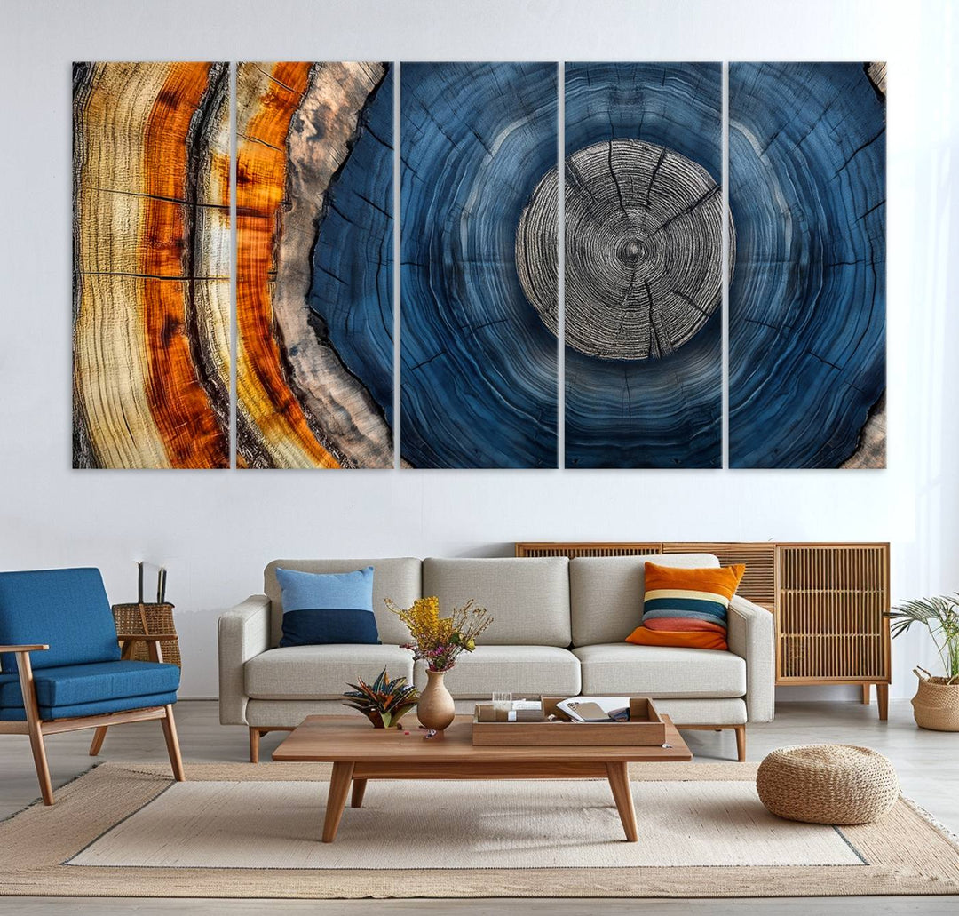 Vibrant Abstract Tree Rings in Orange, Brown, and Blue - Canvas Print for Nature Woodland Wall Decor.