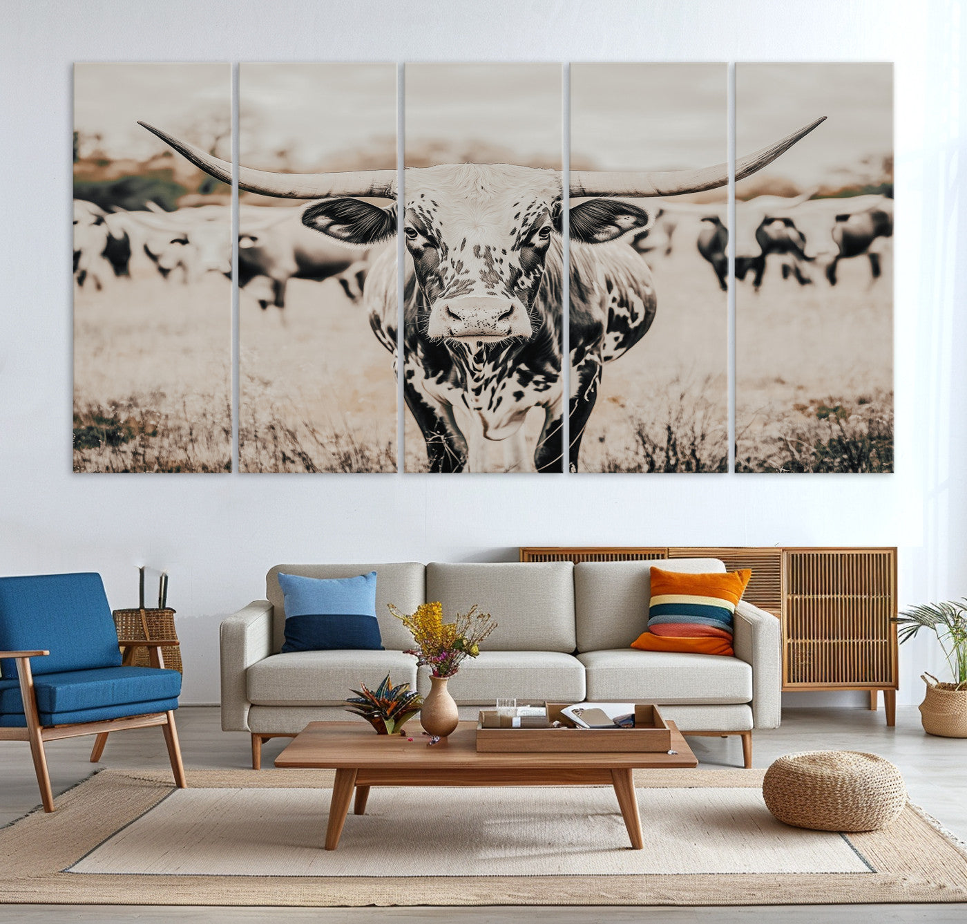 27497342-MGV-CV-36X24-Texas Longhorn Wall Art Canvas Print, Framed Speckled Cow Art Picture Print, Horned Cattle Perfect Rustic Western Decor Artwork