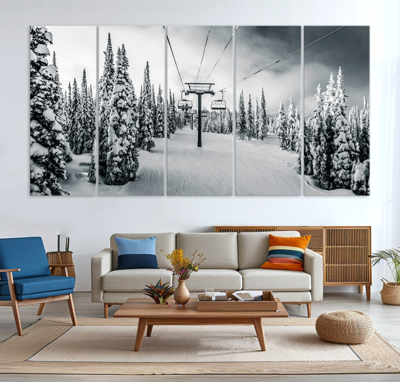 31156828-MGV-CV-36X24-Snowy Pines Wall Art Canvas Print, Framed Ski Lift Art Picture Print, Winter Forest Perfect Moody Lodge Decor, Ski Lift Wall Art Canvas