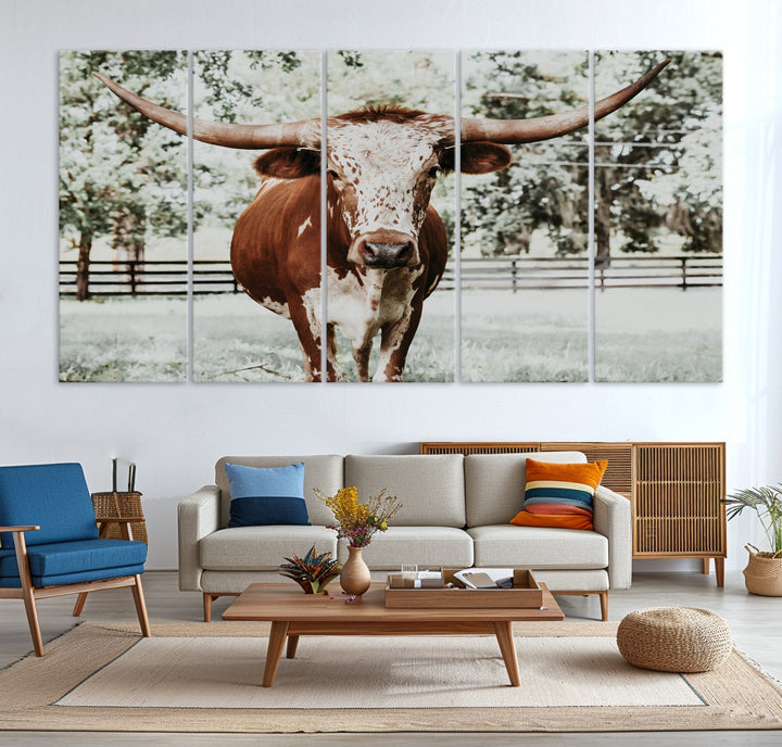 Texas Longhorn Wall Art Canvas Print, Framed Spotted Cow Art Picture Print, Horned Cattle Perfect Rustic Western Decor, Framed Horned Cattle Print