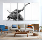 64392617-MGV-CV-36X24-Longhorn Wall Art Wall Art Canvas Print, Framed Modern Ranch Style Art Art Picture Print, Monochrome Cow Print Perfect Rustic Western Decor