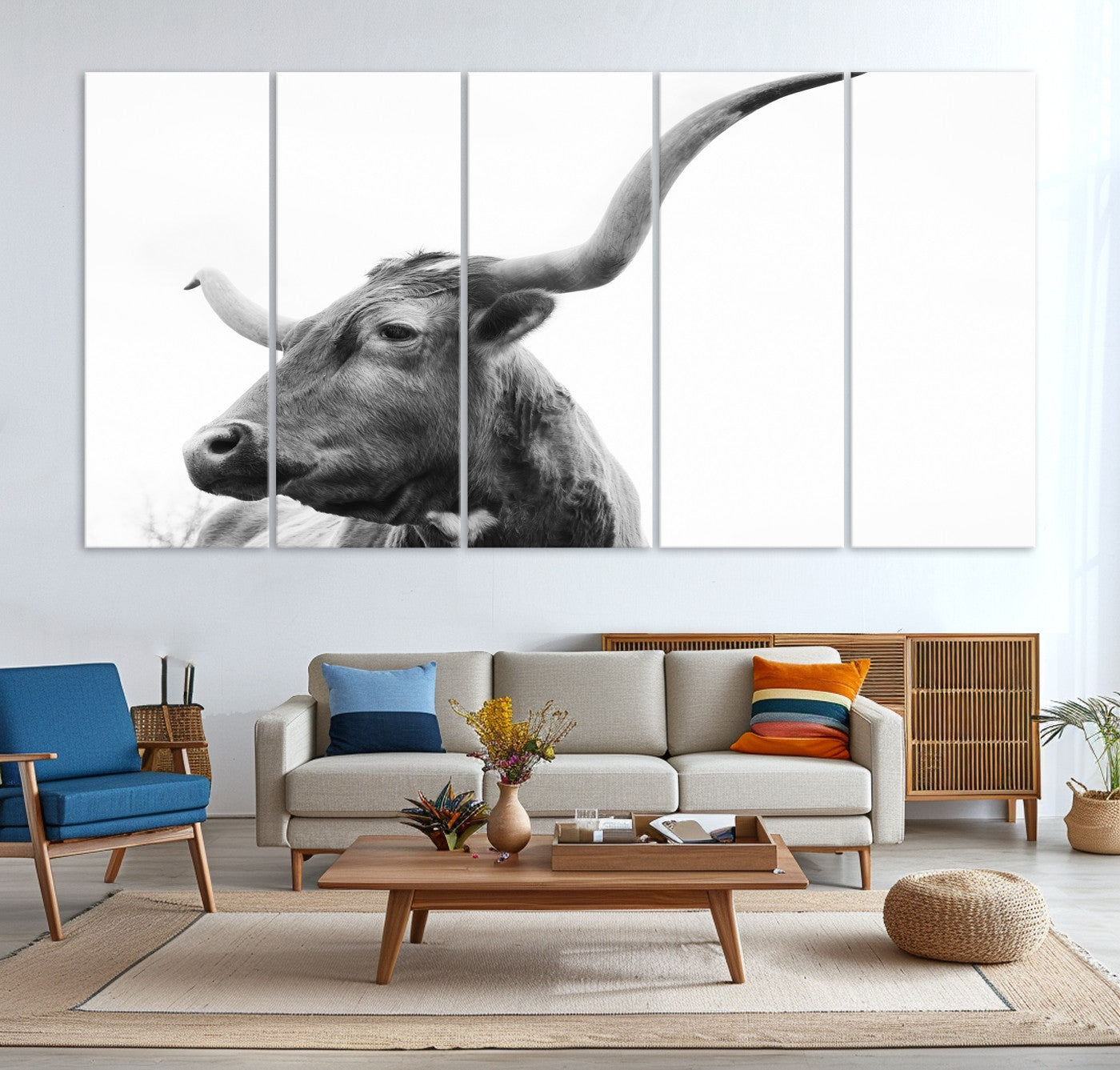 64392617-MGV-CV-36X24-Longhorn Wall Art Wall Art Canvas Print, Framed Modern Ranch Style Art Art Picture Print, Monochrome Cow Print Perfect Rustic Western Decor
