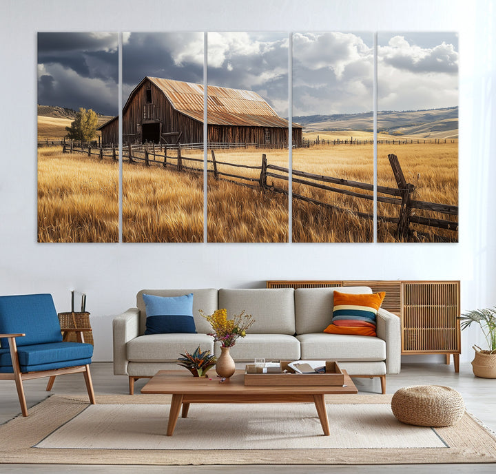 Canvas of a weathered wooden barn in a golden field under a dramatic sky, perfect for rustic or farmhouse-style wall decor.