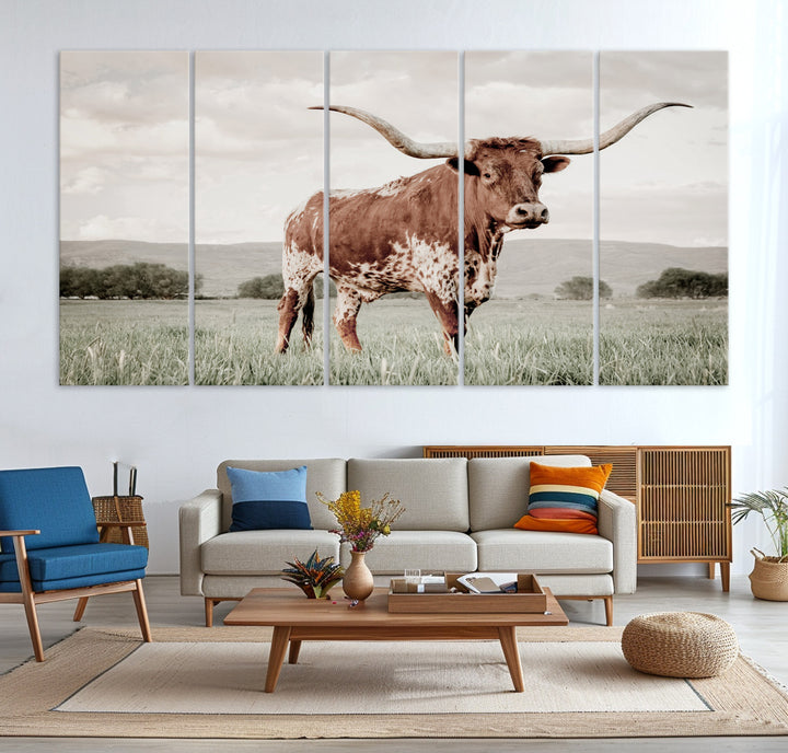 Texas Longhorn Wall Art Canvas Print, Framed Spotted Cattle Art Picture Print, Horned Bull Perfect Rustic Western Decor Artwork